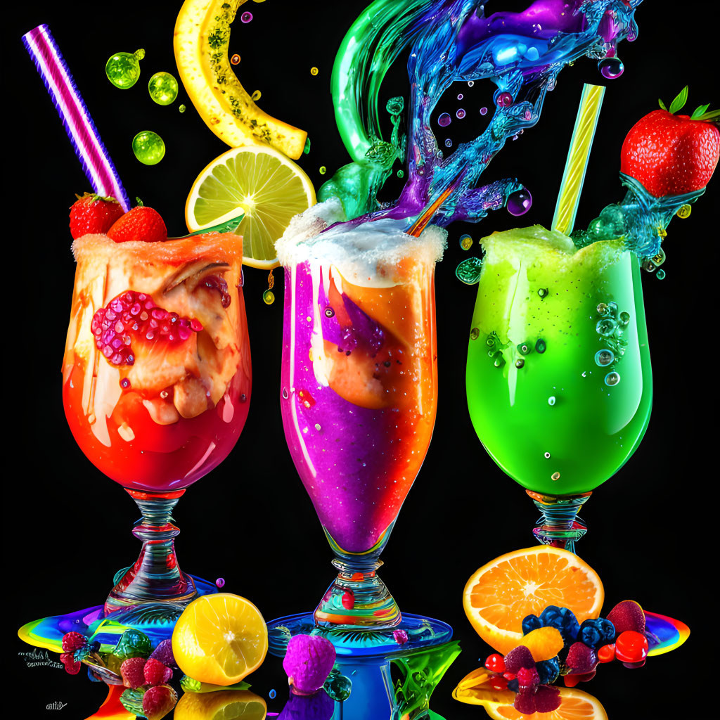 Vibrant fruit-topped cocktails on black background