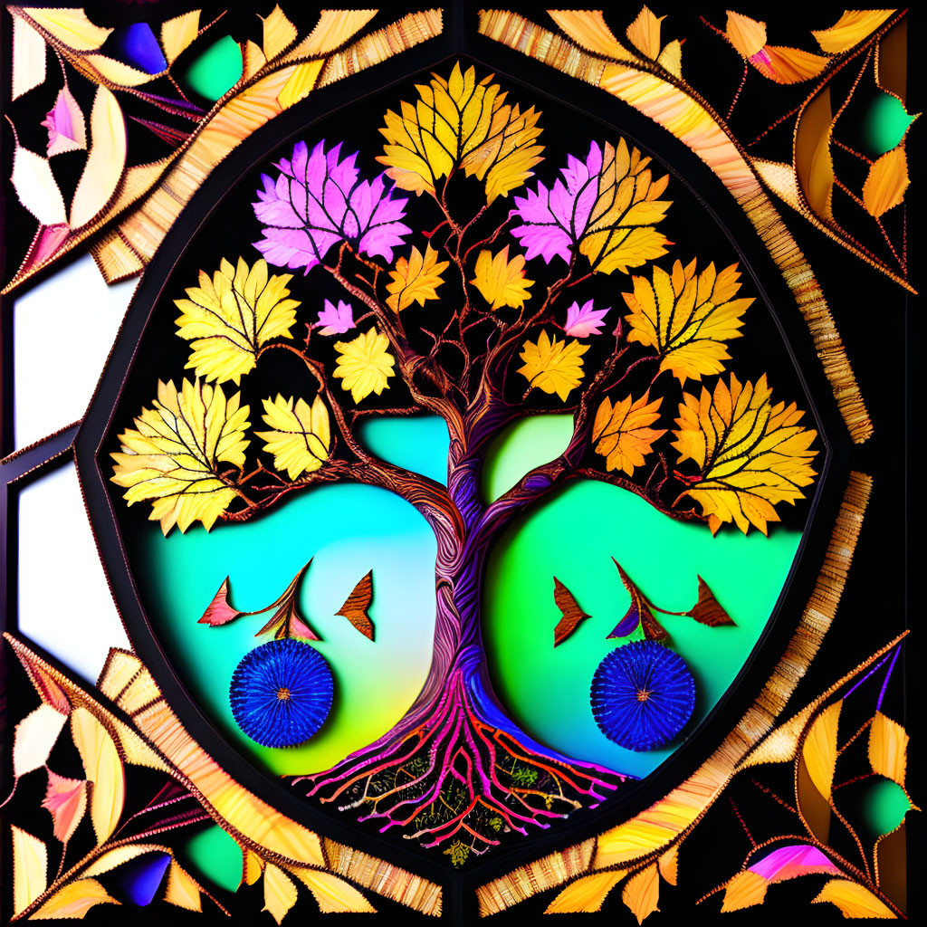 Colorful Tree Stained Glass Window Design with Abstract Patterns