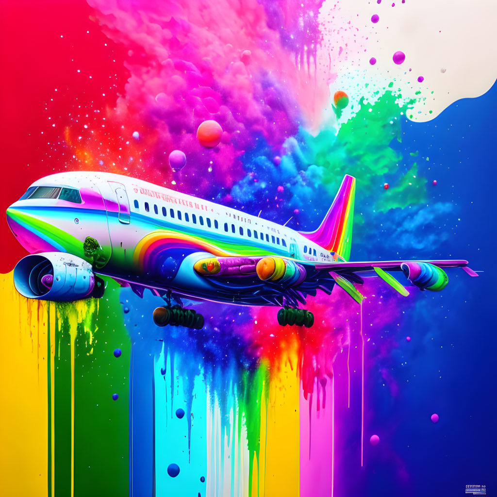 Colorful airplane artwork with spectrum hues on vivid background