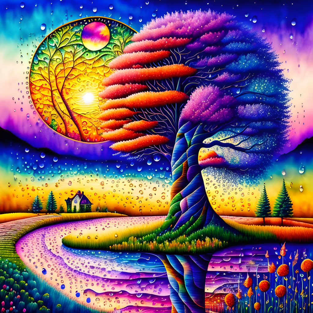 Seasonal Tree Painting with Moon, Stars, and Sun