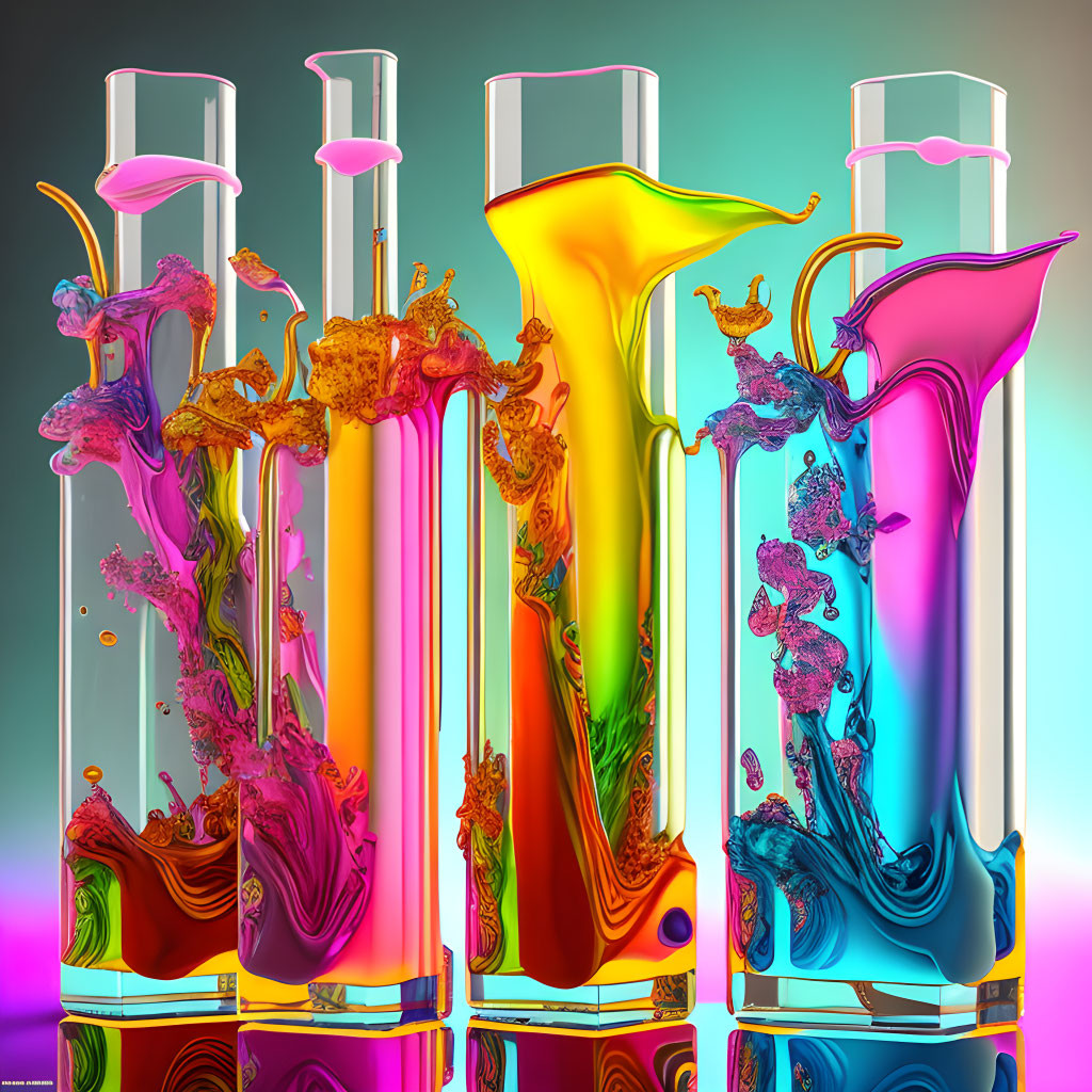 Vibrant liquid splashes in transparent test tubes on gradient background