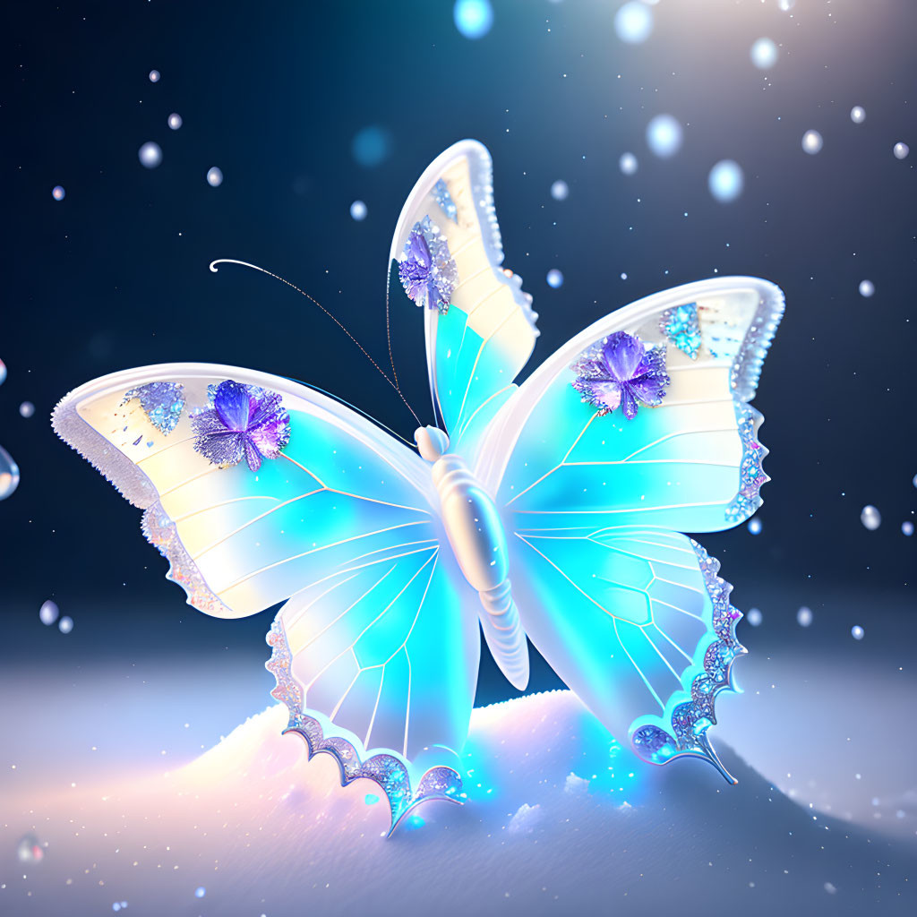 Detailed blue butterfly illustration with jewel-like wing patterns on sparkling background