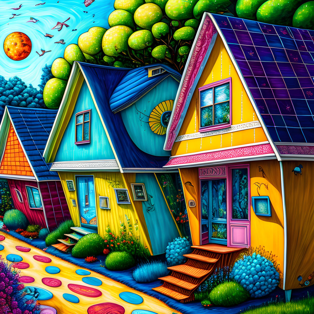 Whimsical colorful houses in lush greenery under vibrant sky