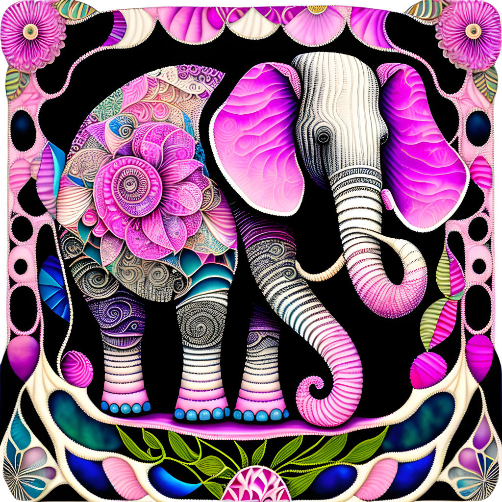 Vibrant digital artwork: stylized elephant with floral motifs