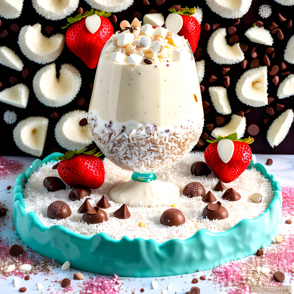 Decadent dessert with white chocolate shell, cream filling, strawberries, chocolate, and banana slices on