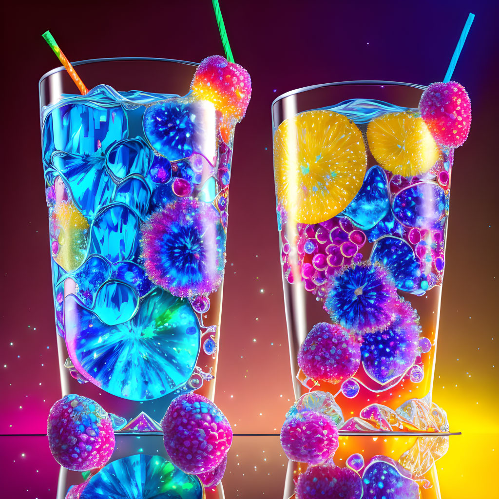 Colorful Cocktails with Ice, Fruits, and Bubbles on Neon Background