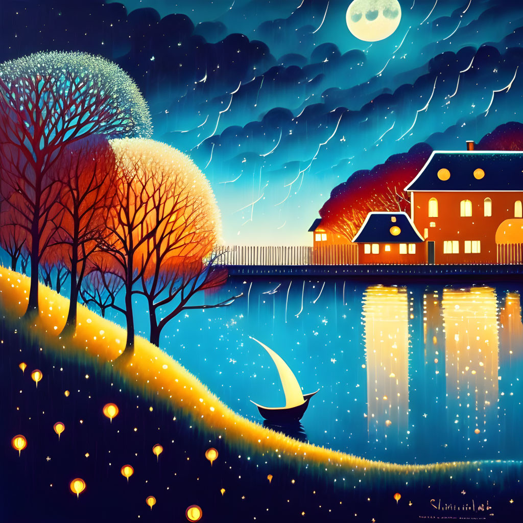 Vibrant night scene artwork with glowing house, bridge, boat, and fireflies