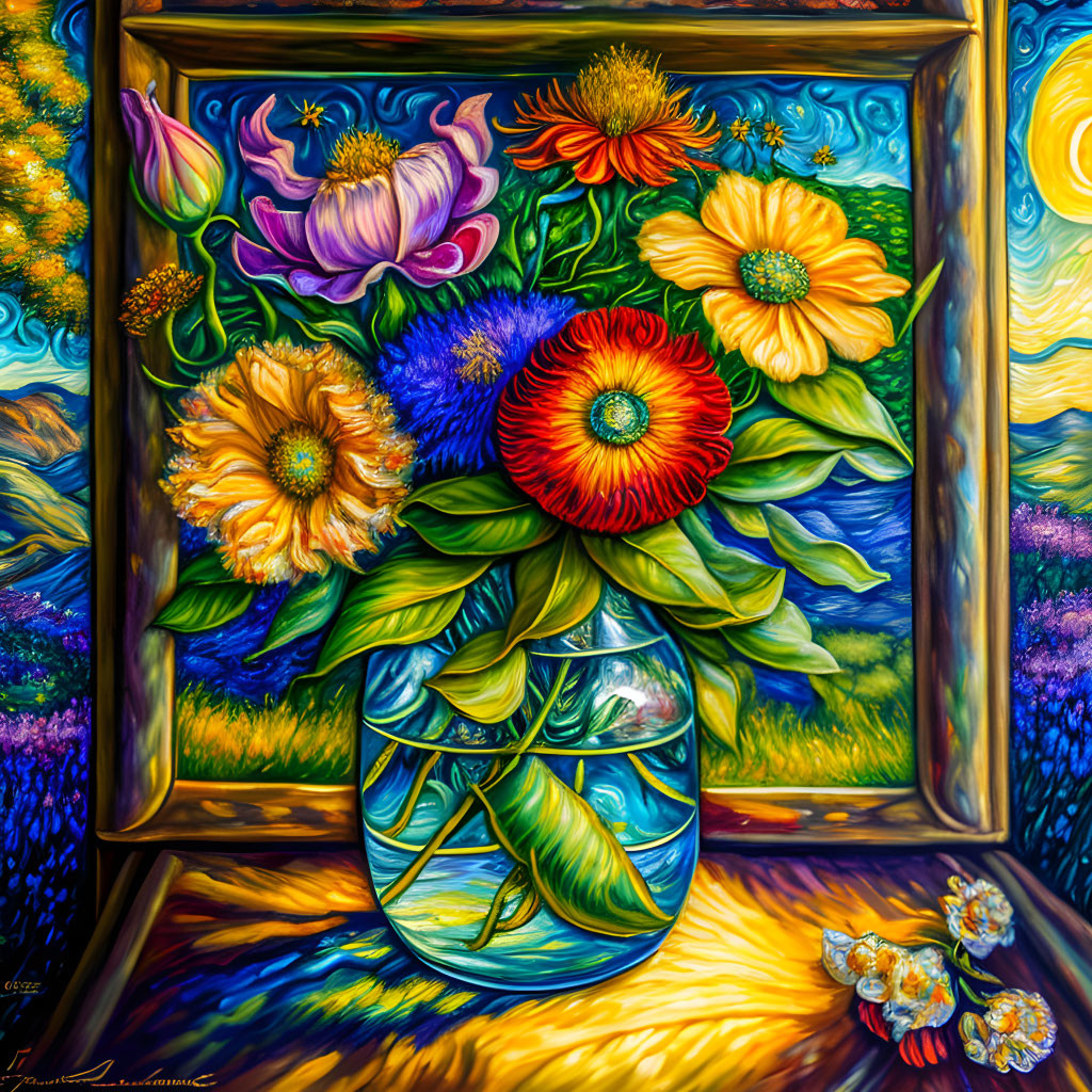 Colorful Bouquet of Flowers in Glass Vase with Exaggerated Textures