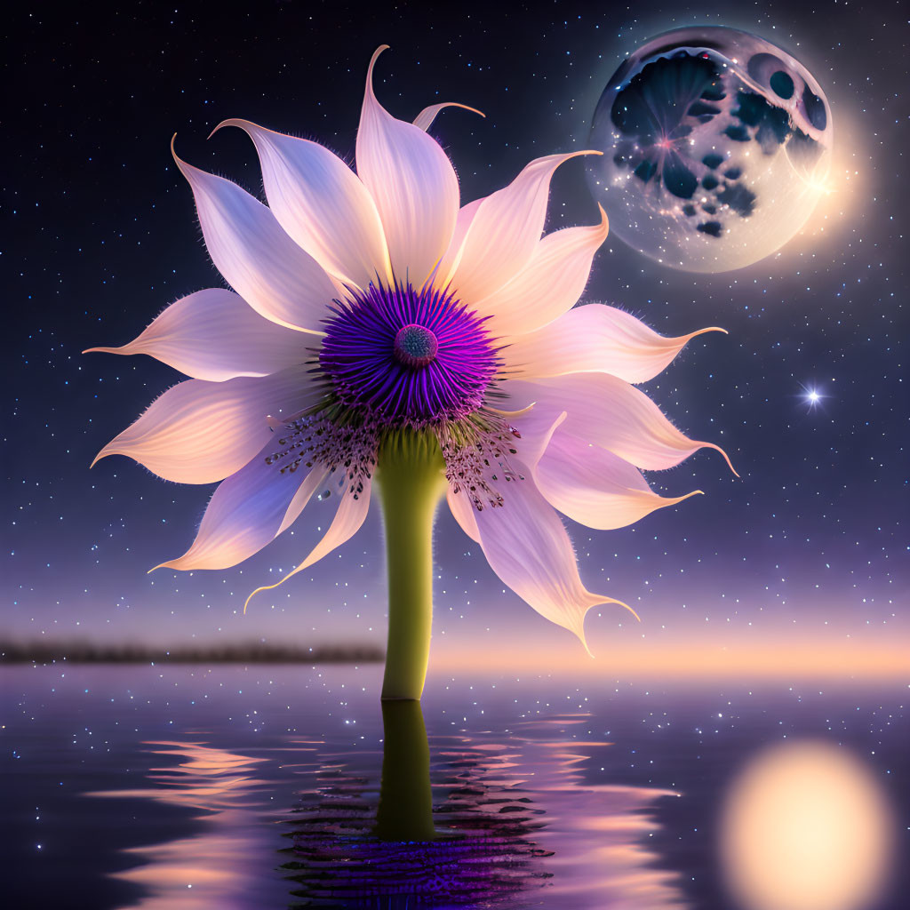 Large Lotus Flower Towering Over Water with Starry Sky and Celestial Bodies