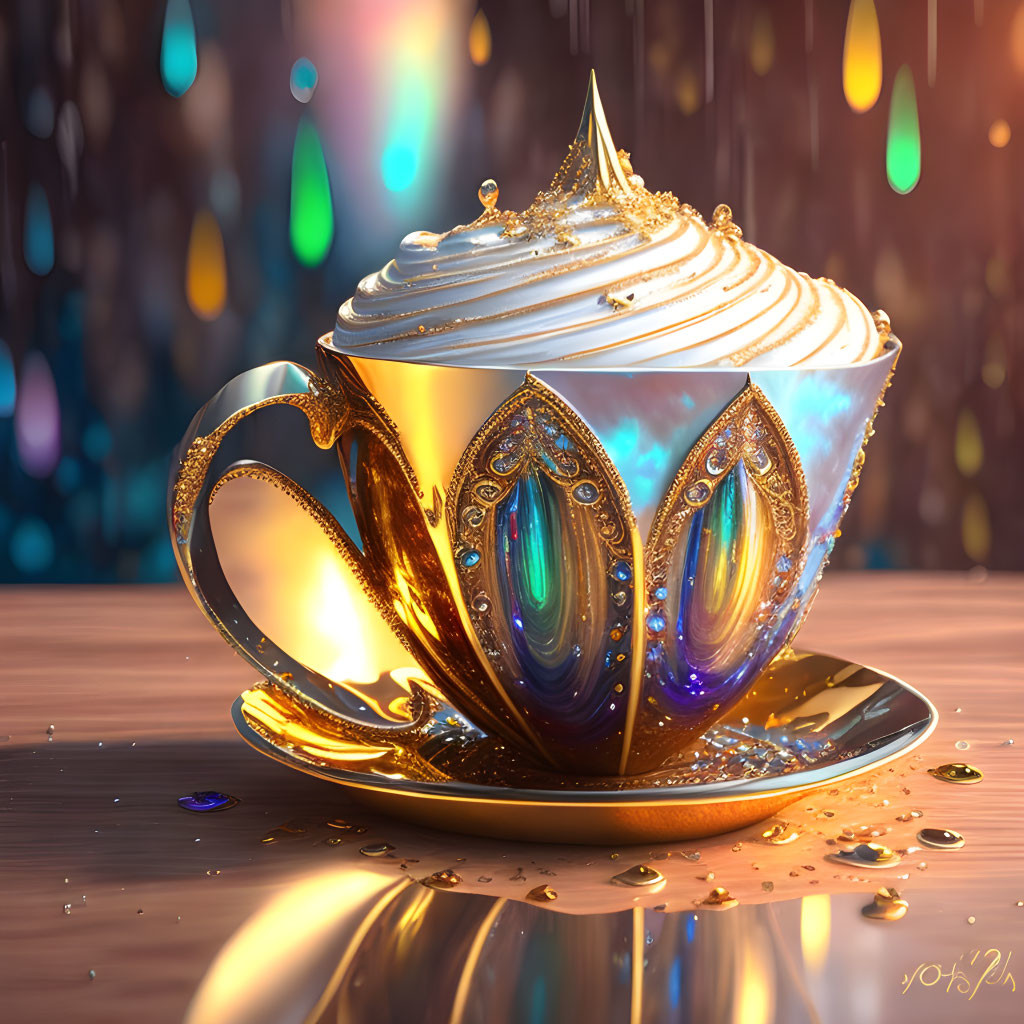 Fantastical ornate cup with whipped cream-like top and gemstones on reflective surface