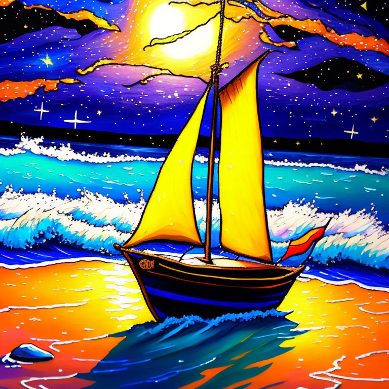 Colorful sailboat painting with yellow sails on vibrant sea under starry night sky.