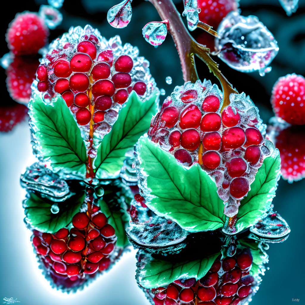 Fresh red berries and green leaves with water droplets on blurred blue backdrop