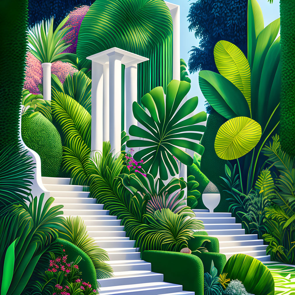 Lush garden illustration with white staircase and classic columns