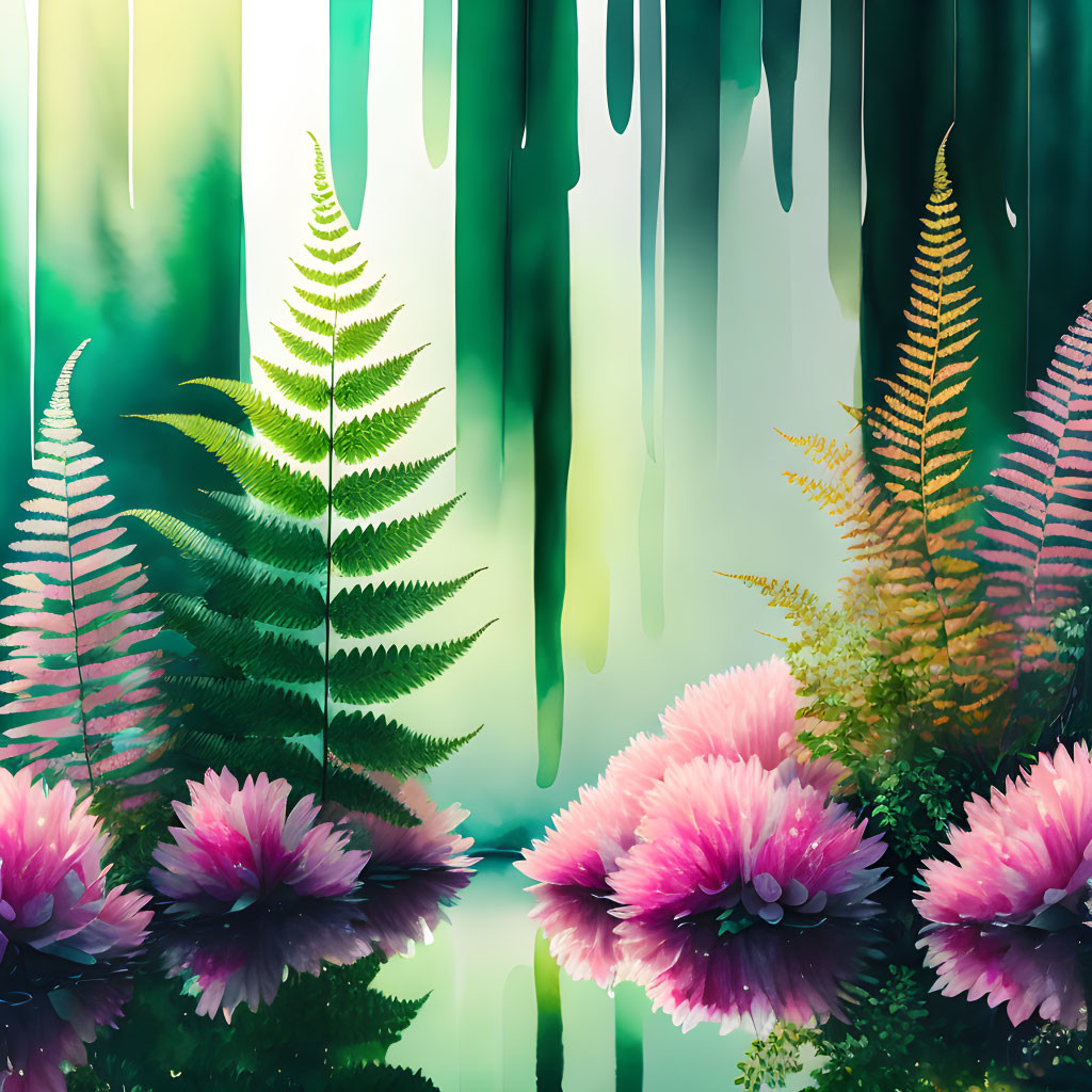 Mystical forest digital art: vibrant ferns & pink flowers, ethereal lighting & green hues