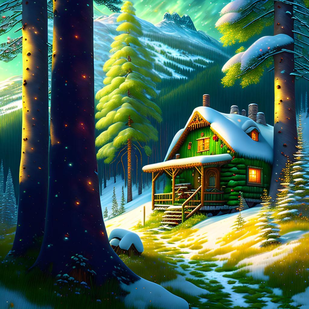 Snowy log cabin with festive lights in mountain setting