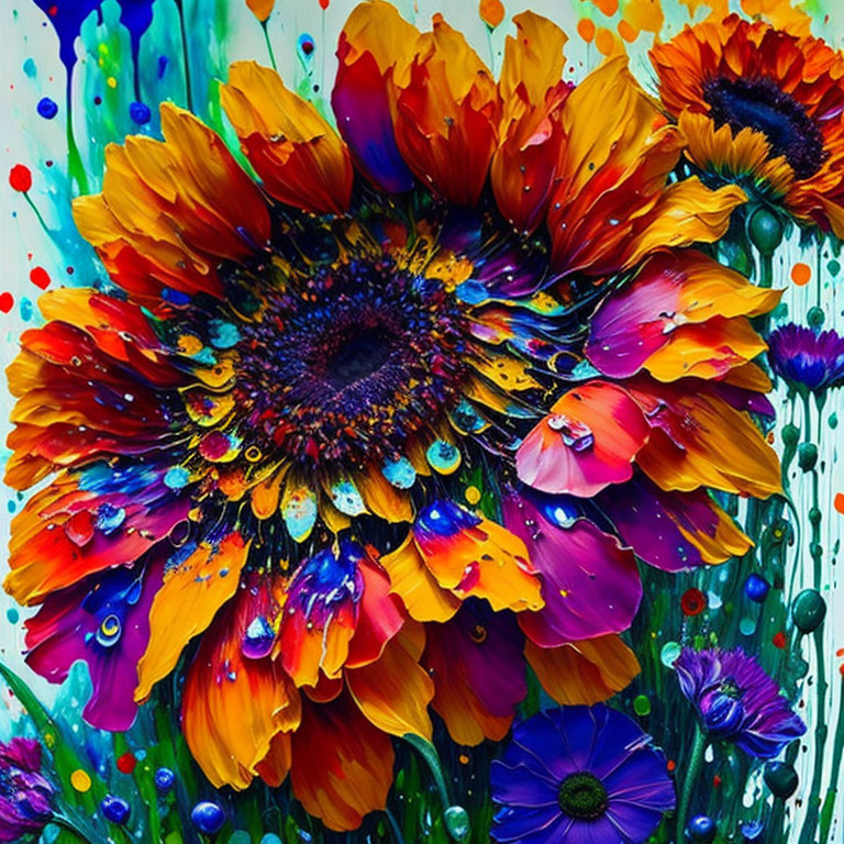 Multicolored flower close-up with paint drops on blue backdrop