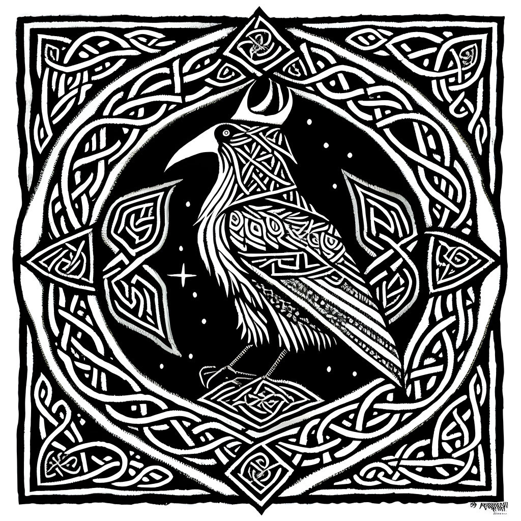 Monochrome Celtic knotwork with bird motif and intricate patterns