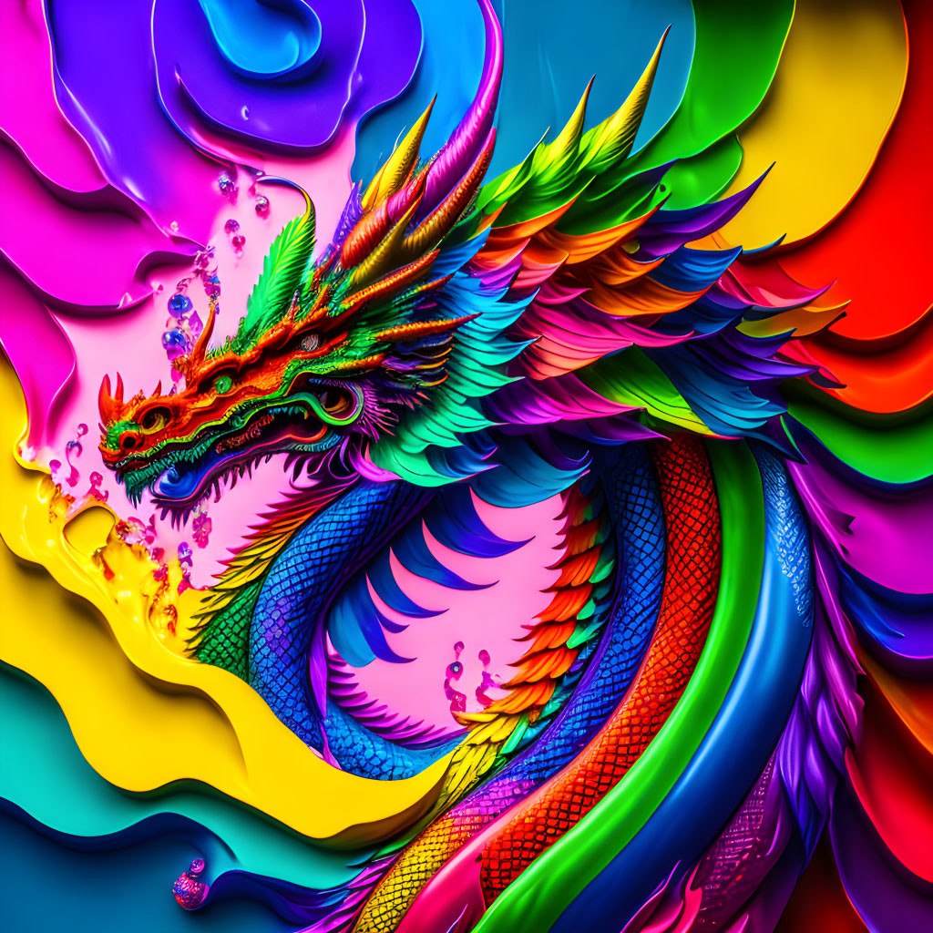 Colorful Dragon Artwork with Detailed Scales and Feathers