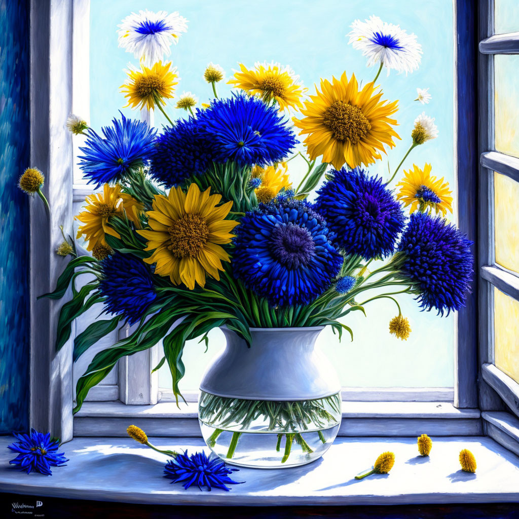 Colorful sunflower and blue flower bouquet in clear vase by window.