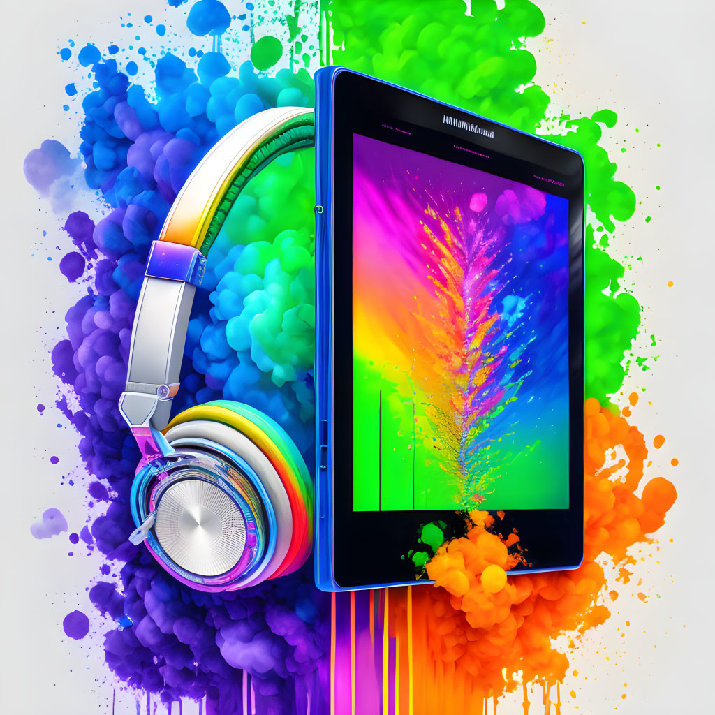 Vibrant tablet with feather and headphones on colorful paint splashes