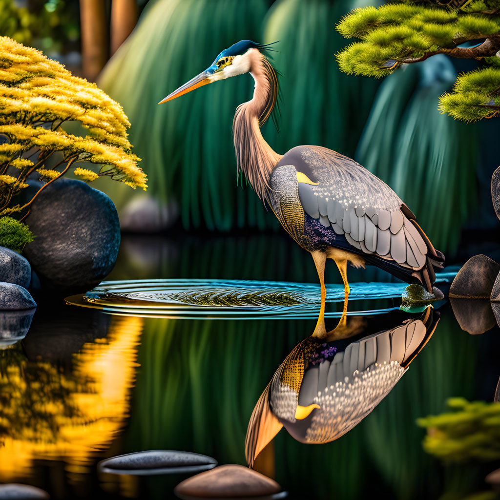 Heron standing by serene garden pond with lush greenery