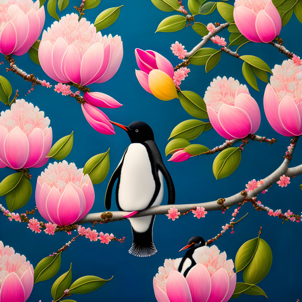 Colorful Illustration: Penguins in Pink and Yellow Flowers