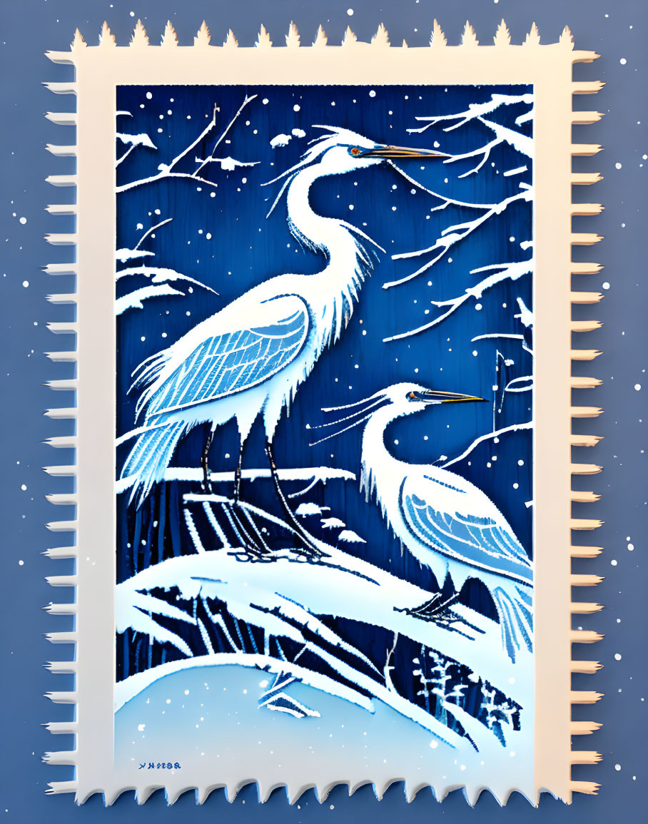 Stamped Artwork: White Herons in Snowy Blue Landscape