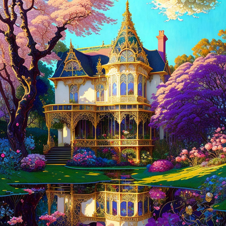 Victorian-style house with vibrant garden and pond reflection