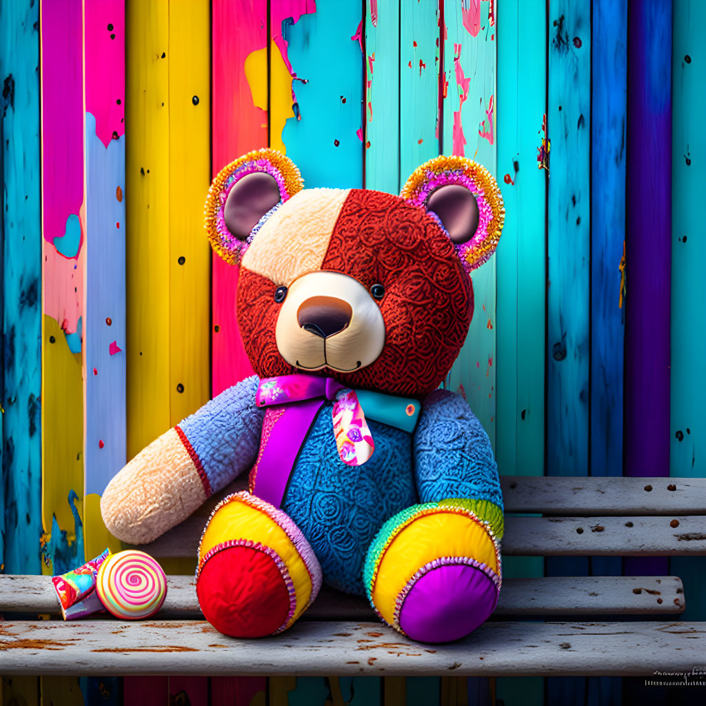 Patchwork Teddy Bear on Wooden Bench with Striped Background and Lollipop