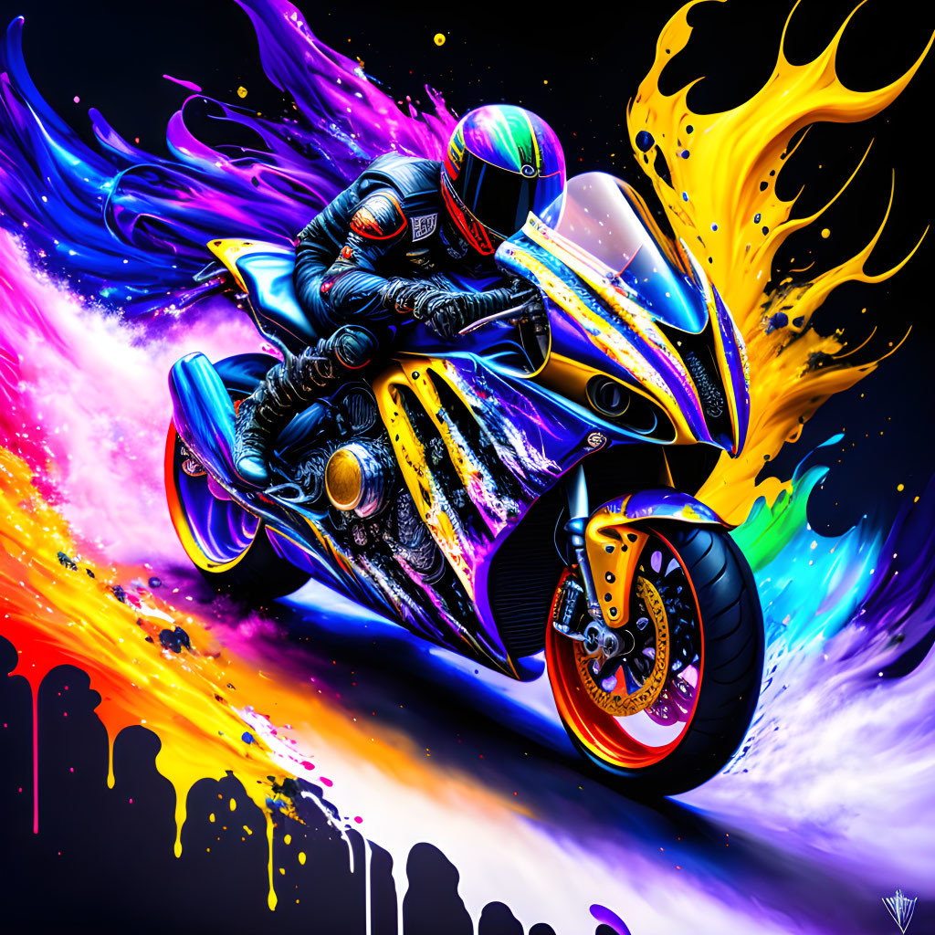 Colorful digital artwork: Motorcyclist racing in cosmic liquid splashes