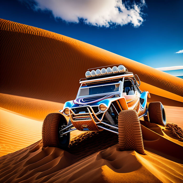 Blue dune buggy on orange desert dunes