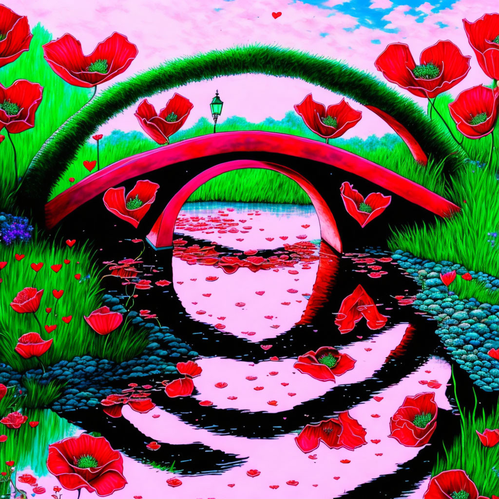 Vivid digital art: surreal landscape with red bridge, pink river, poppies, greenery,