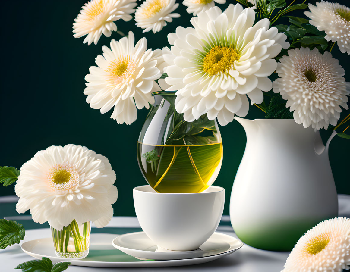 White daisies in vases and cup on table with dark green backdrop