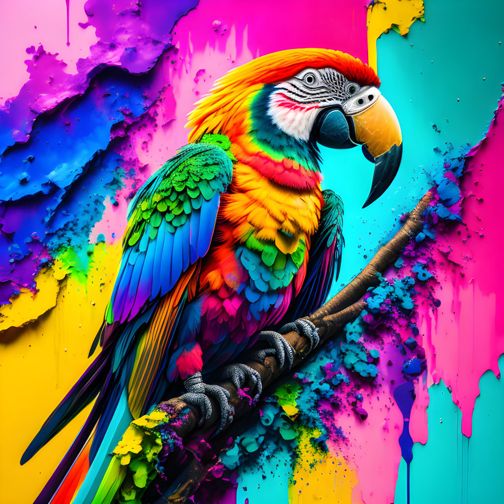 Colorful Parrot Perched on Branch in Vibrant Paint Splatter Background