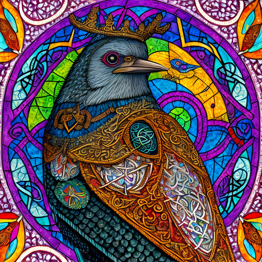 Colorful Stained Glass Style Bird Illustration with Crown and Intricate Patterns