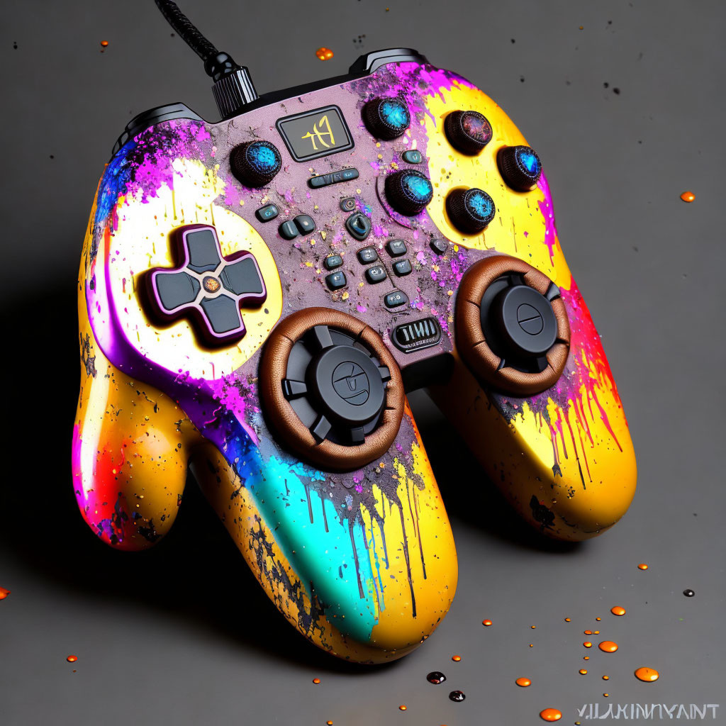 Colorful Gaming Controller Painted in Purple, Pink, Orange, and Yellow