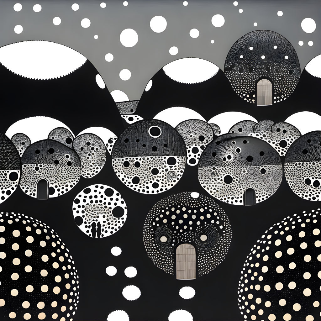 Monochromatic abstract art: spherical shapes, dotted faces, houses, polka-dotted background