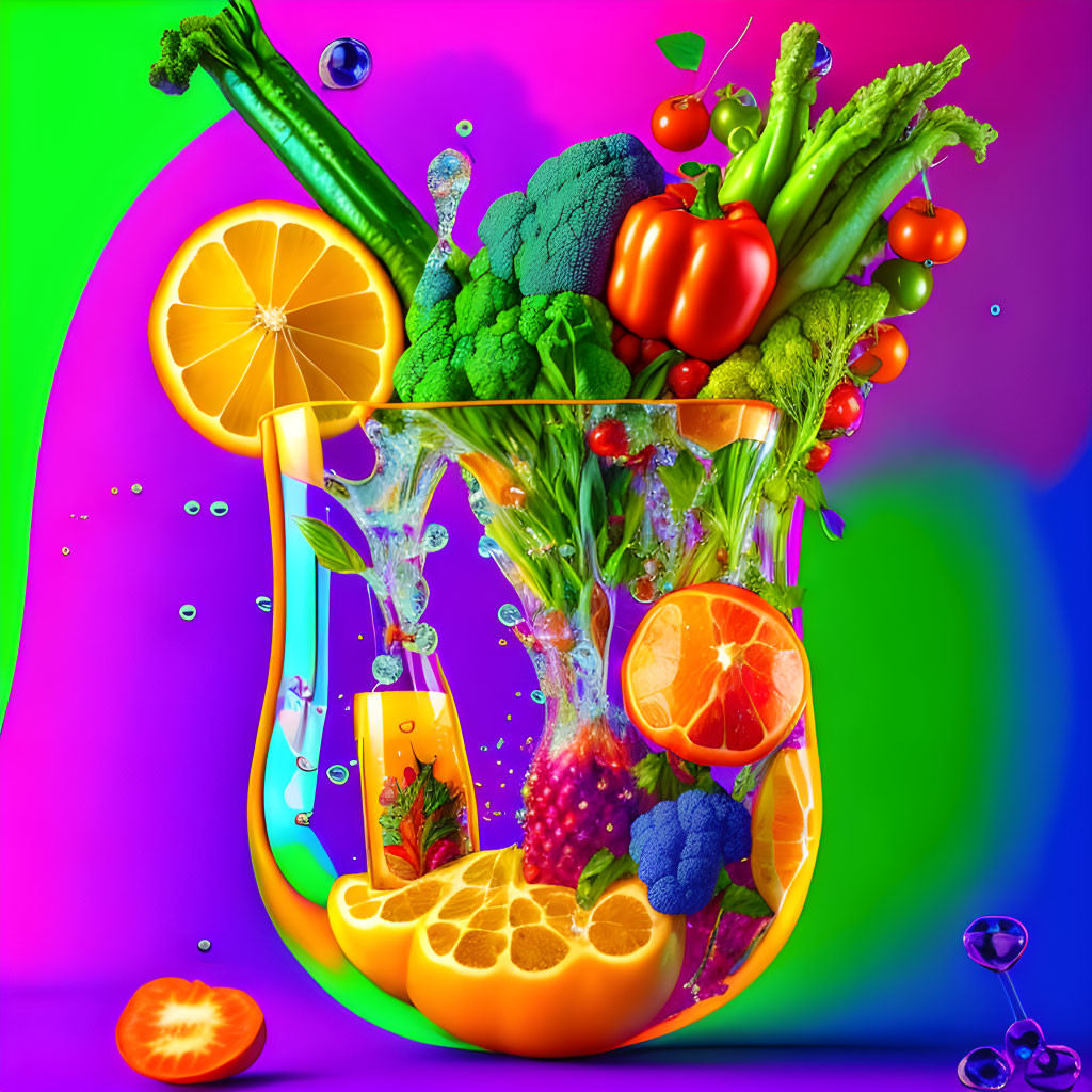 Colorful digital artwork featuring fruits and vegetables on psychedelic background