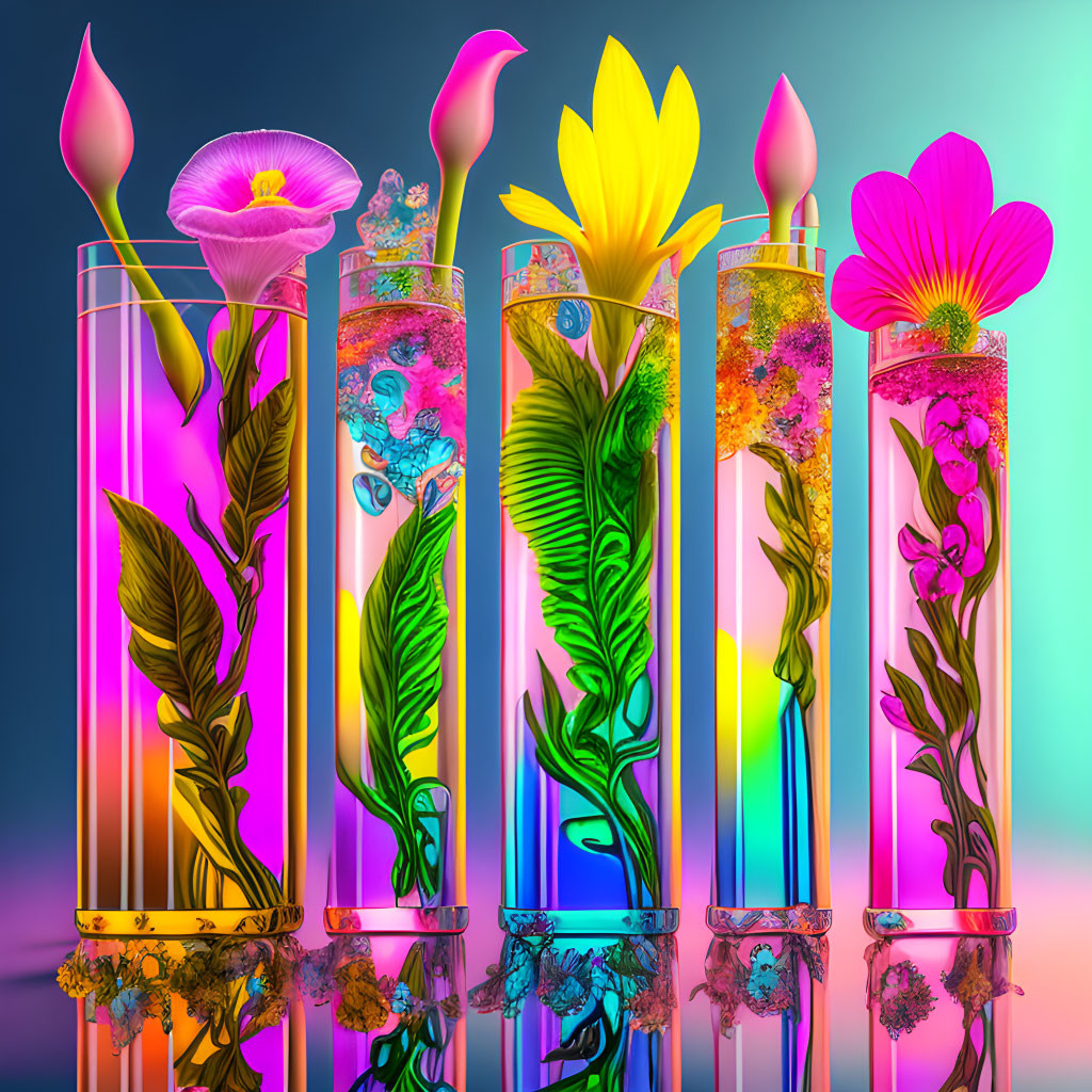 Colorful digital artwork: Five neon vases with intricate floral designs