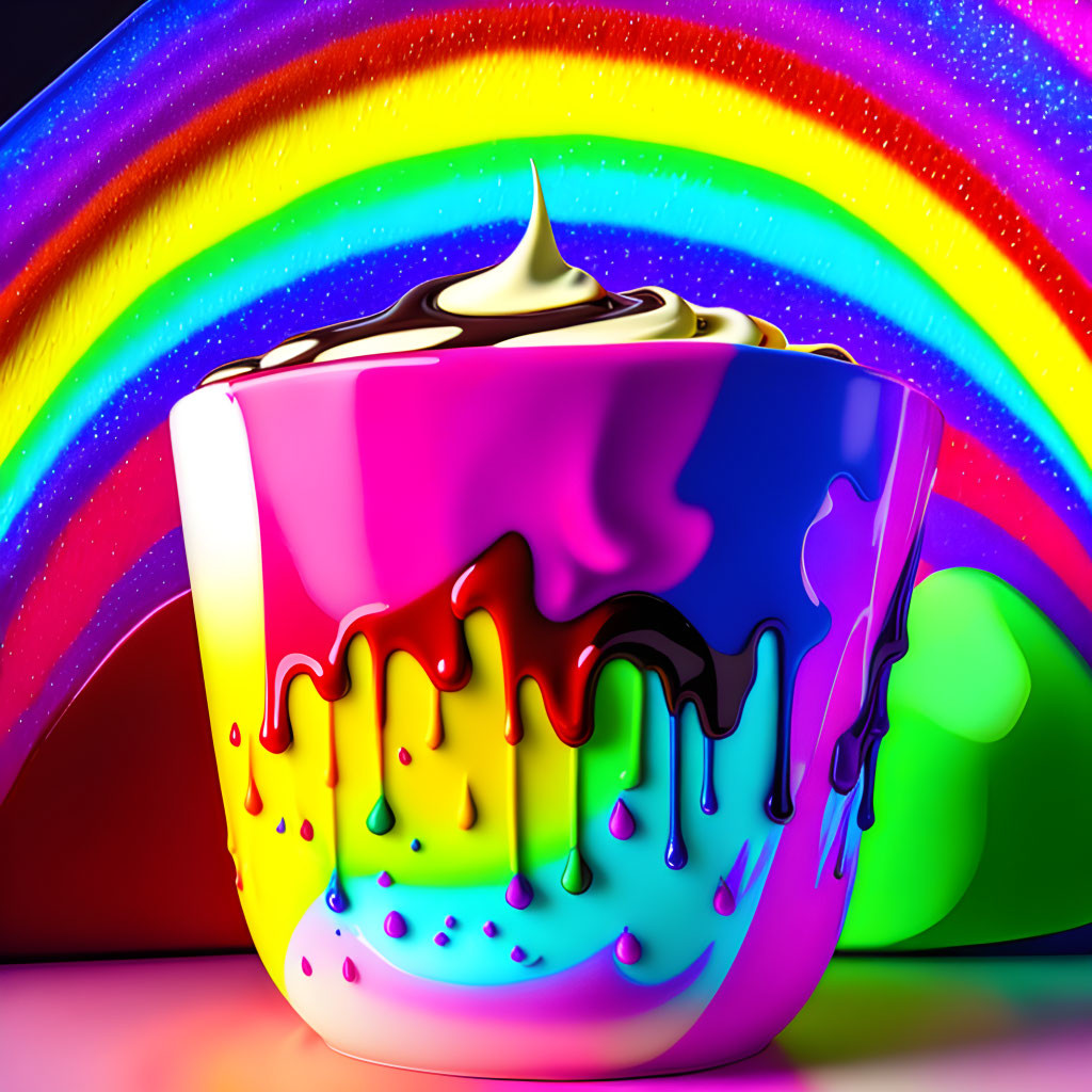 Colorful melting cup against rainbow backdrop and reflective surface