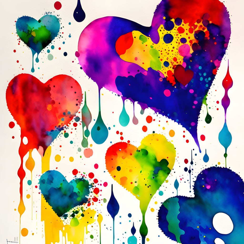 Vibrant watercolor hearts with splattered paint on white background