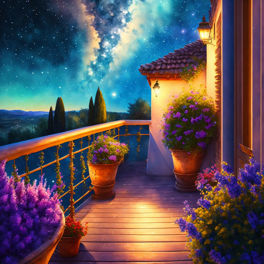 Scenic balcony with vibrant flowers under starry night sky