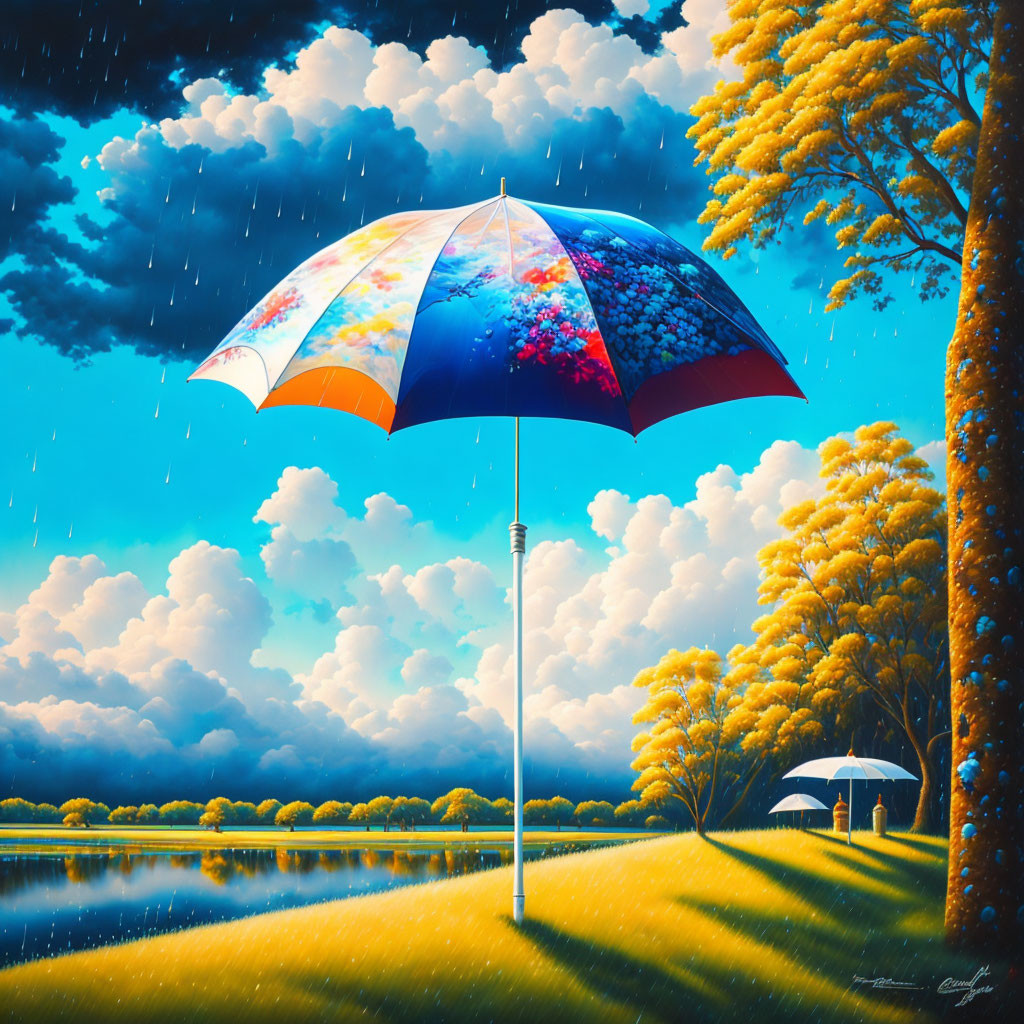 Colorful umbrella in surreal split landscape with sun and rain.