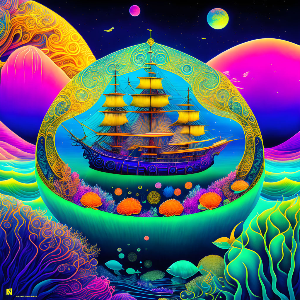 Colorful sailing ship in bubble above underwater world and space backdrop.