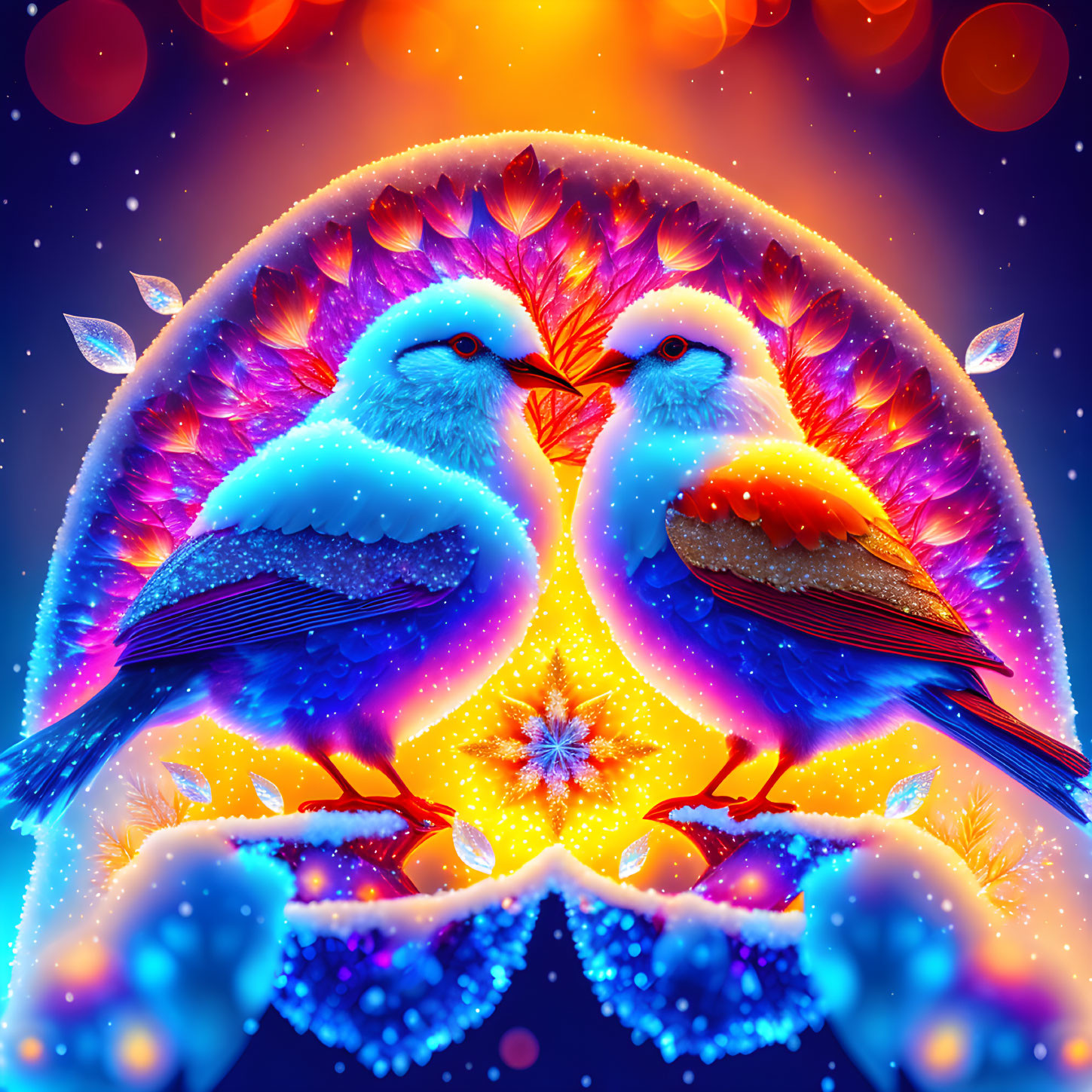 Colorful Stylized Birds in Cosmic Setting with Snowflake Motif