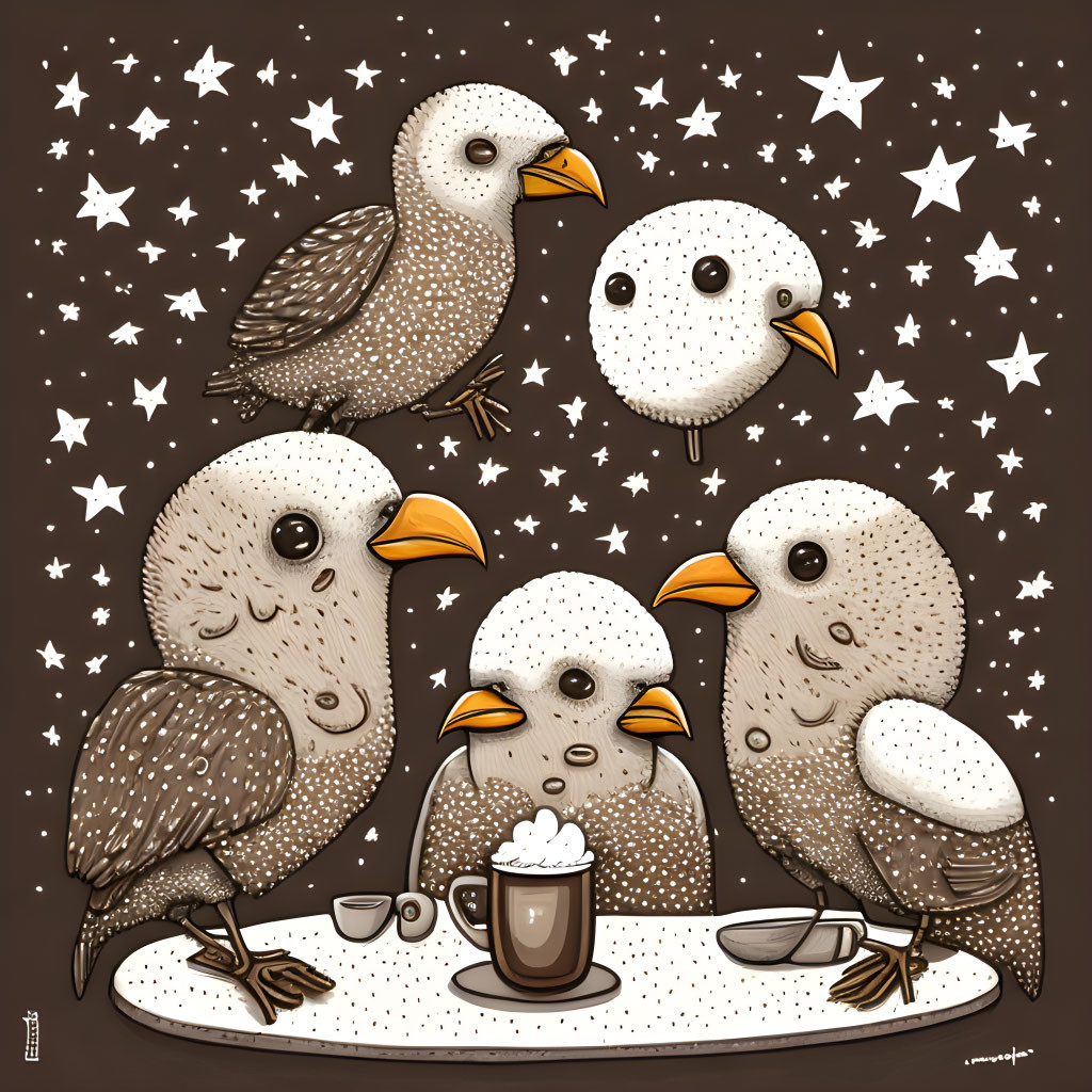 Five Round Cartoon Birds at Coffee Table Under Starry Sky