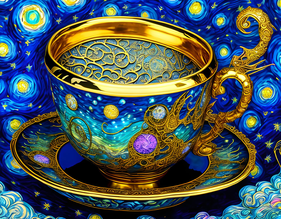 Golden Cup and Saucer with Celestial Patterns on Starry Background