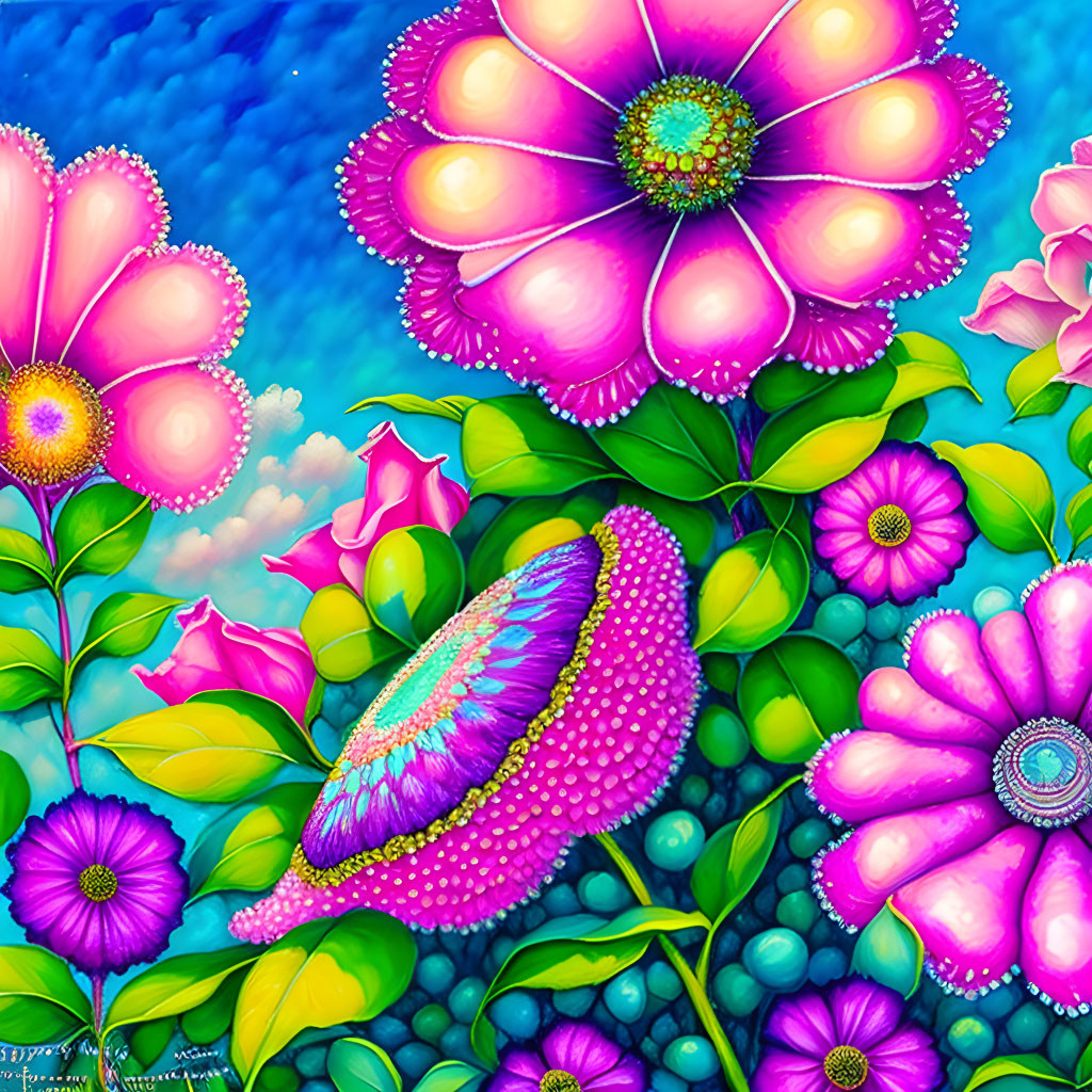 Fantastical pink and purple flower digital art with lush green background