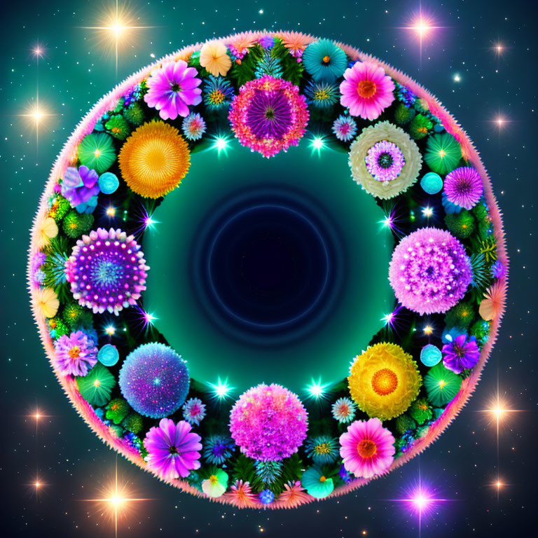 Colorful Neon Flower Circle in Starry Space Background