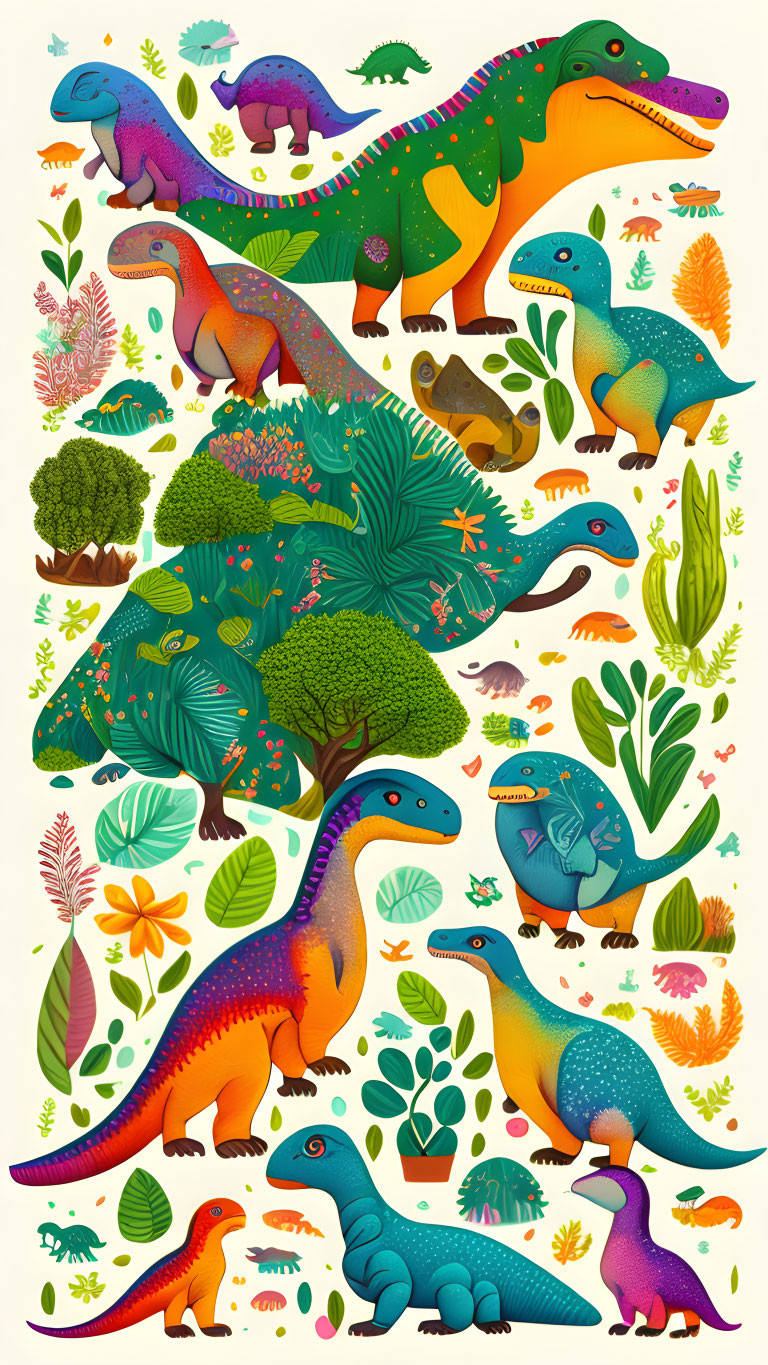 Vibrant dinosaur and flora illustration in whimsical style